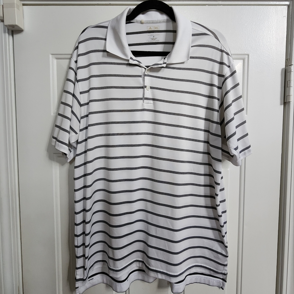 Adidas Men’s White w/ Black Pinstripes Golf Polo Shirt Pure Motion Size:Medium